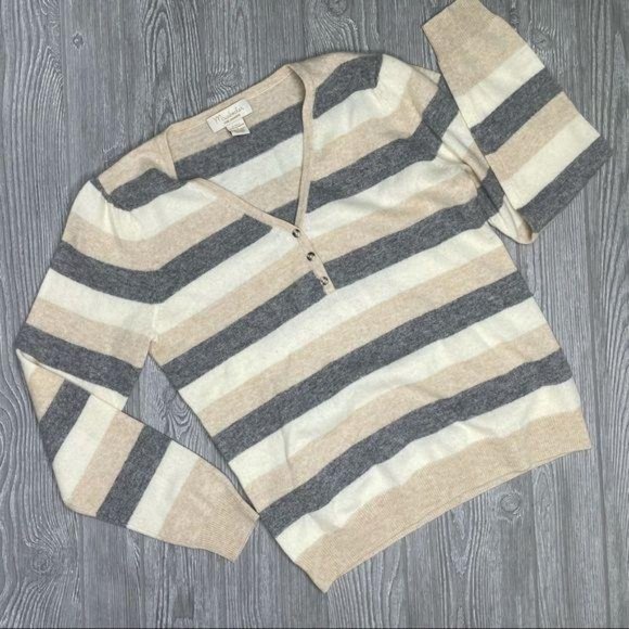 mainbocher pure cashmere sweater quarter button striped long sleeve shirt large - Picture 3 of 5